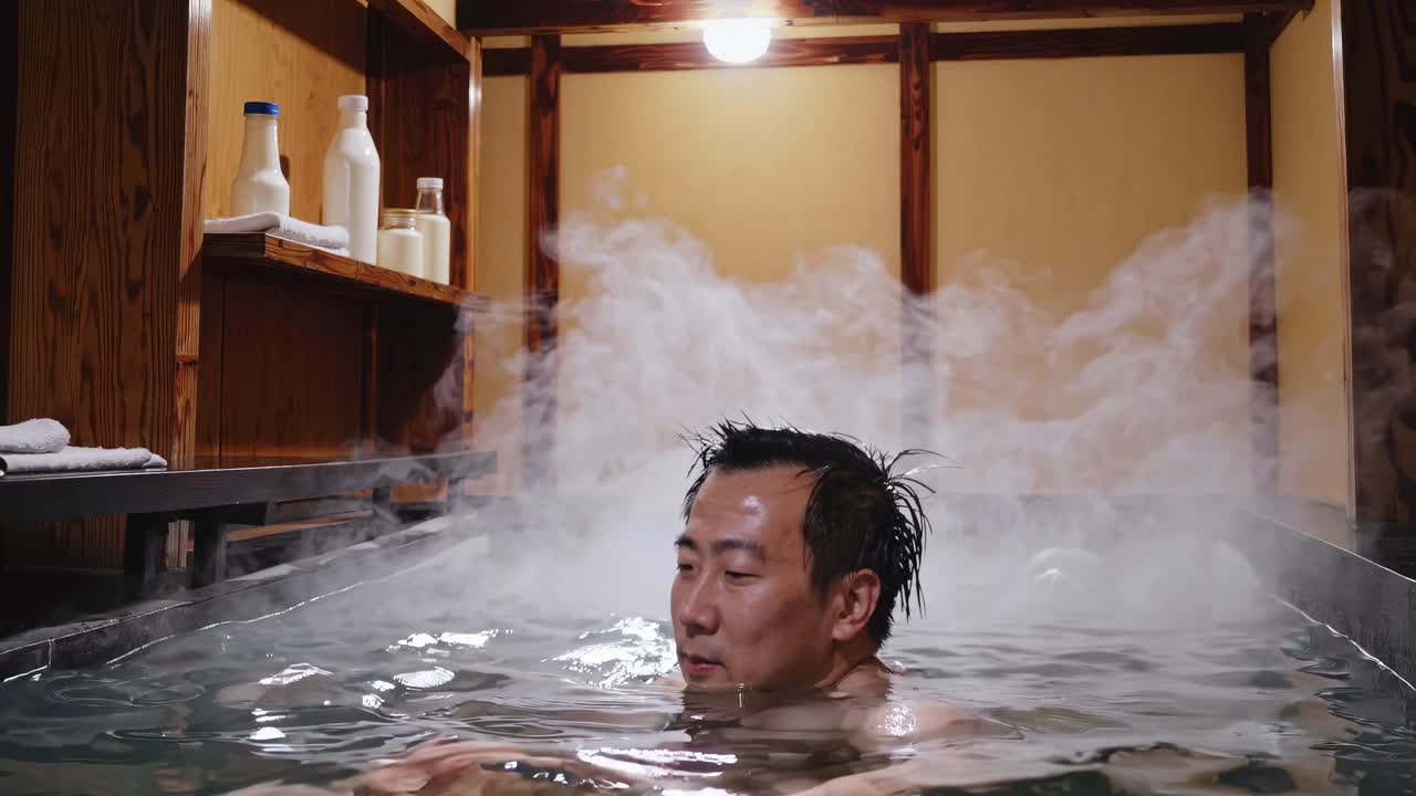 A serene video scene of a man relaxing in a steamy bath, captured from a low angle