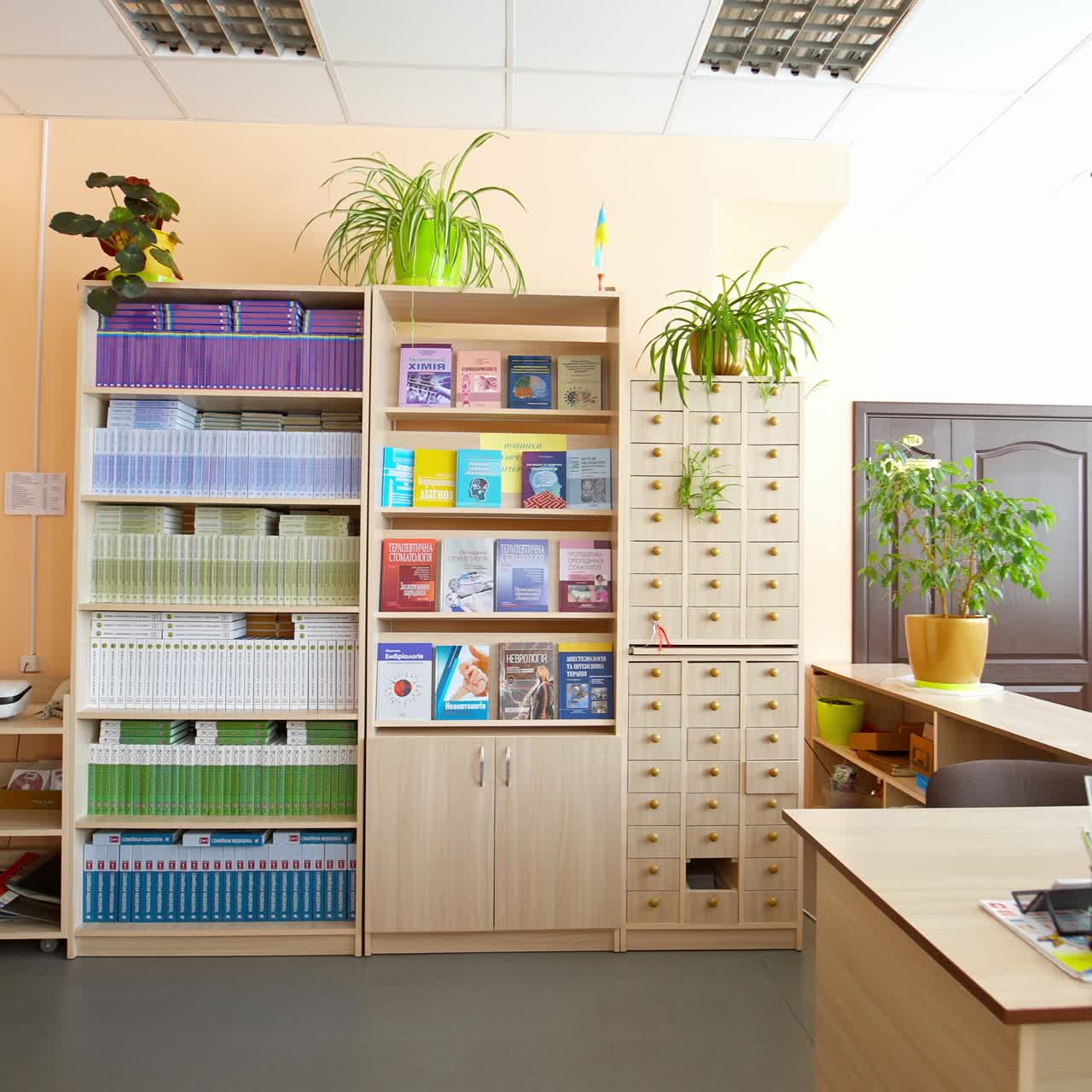 Books on bookshelf in library. Interior of the library with shelves full of books