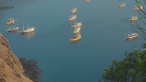 Many-boats-anchored-in-bay-of-Padar-island,-Indonesia