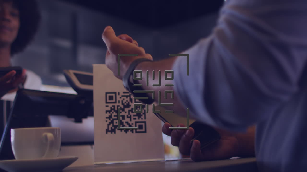Neon qr code against african american man making digital payment from his smartwatch at a cafe