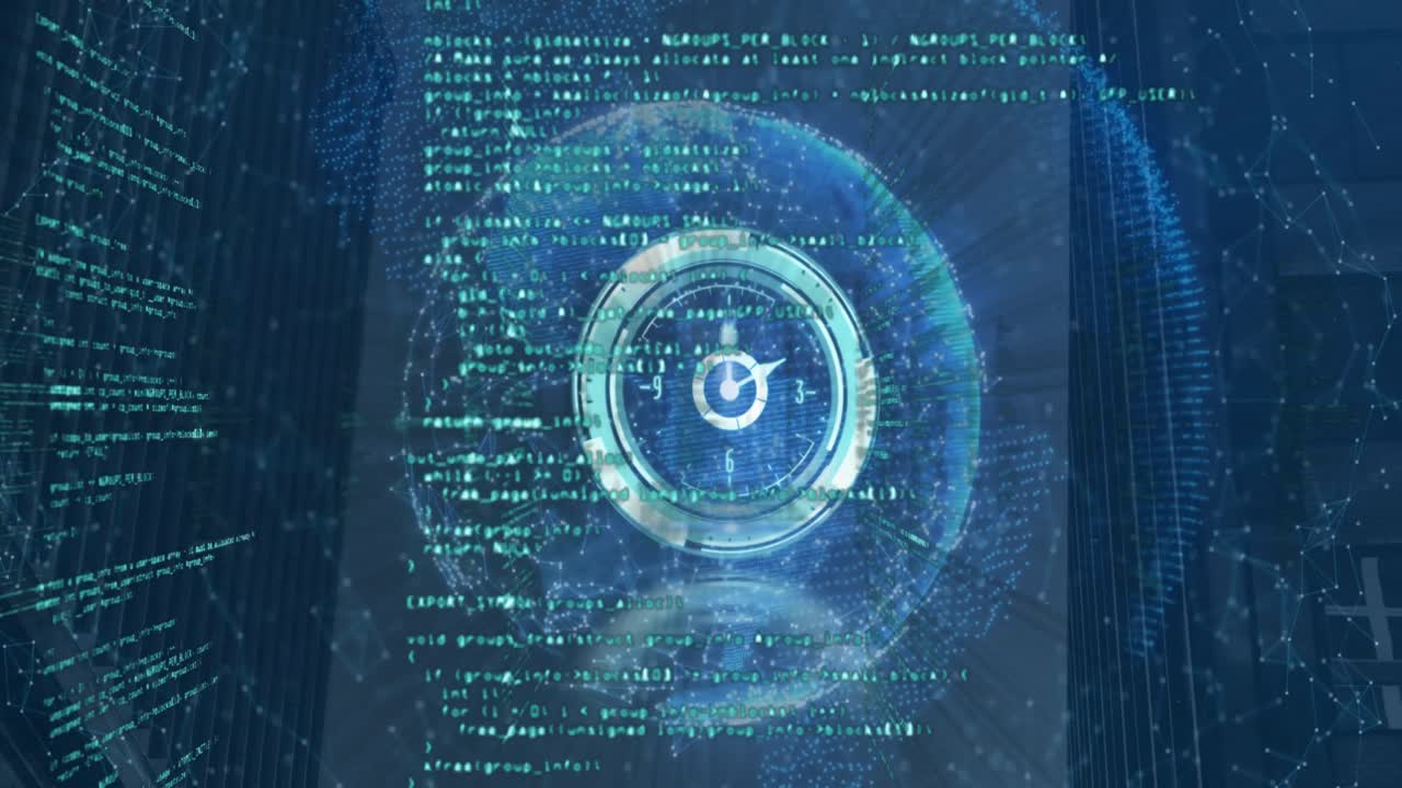 animación del lenguaje informático sobre reloj digital contra puntos conectados que forman globos