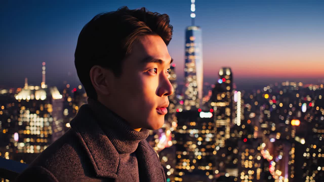 Man in cityscape at night