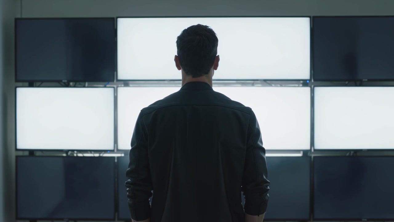 Standing male watching center panels lighting in dim lab, reaching toward screen, testing