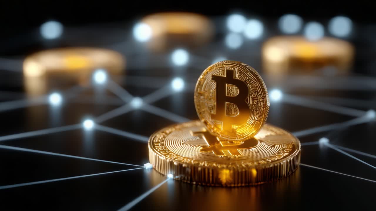 A Glimpse into the Future of Currency: Stunning Visual of Bitcoin Coins Representing Cryptocurrency on a Digital Blockchain Network