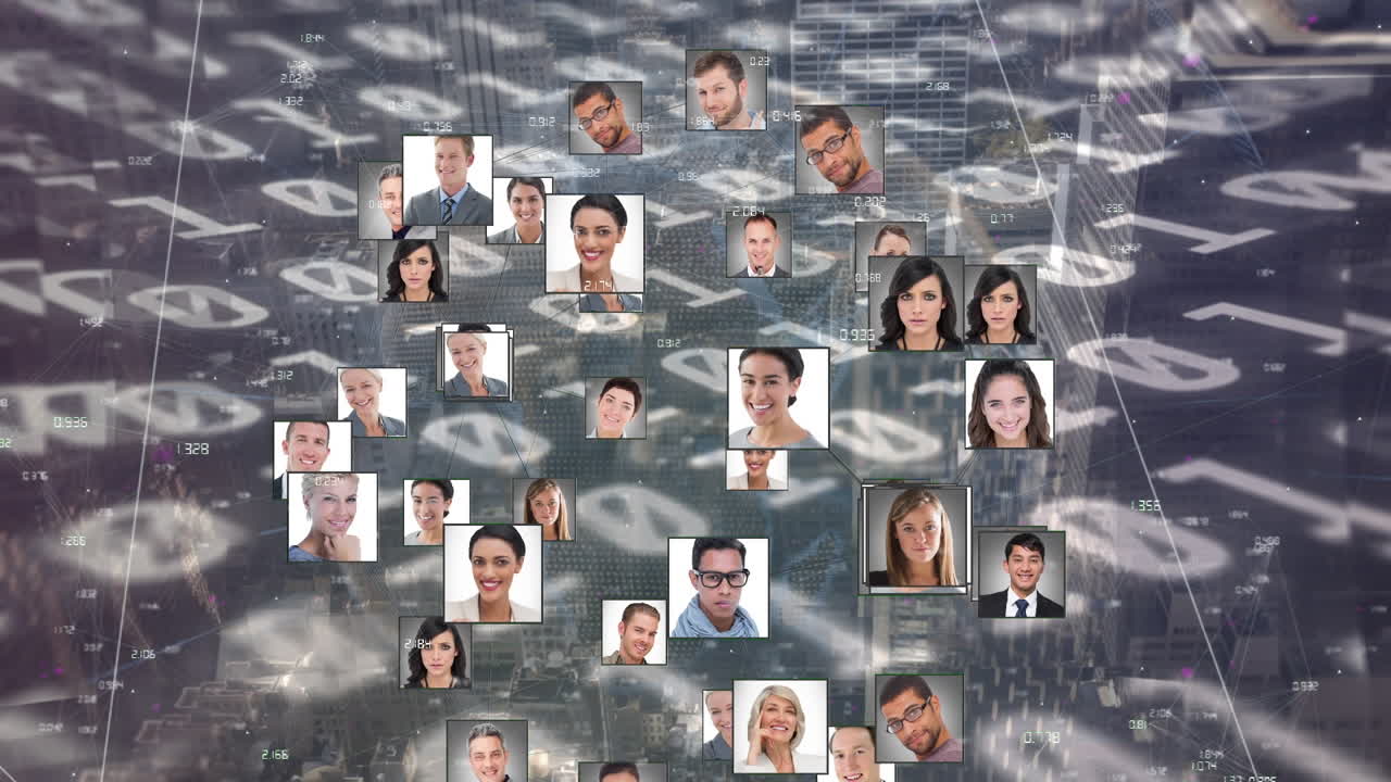 도시 풍경 위의 데이터 처리 및 사람 아이콘의 애니메이션