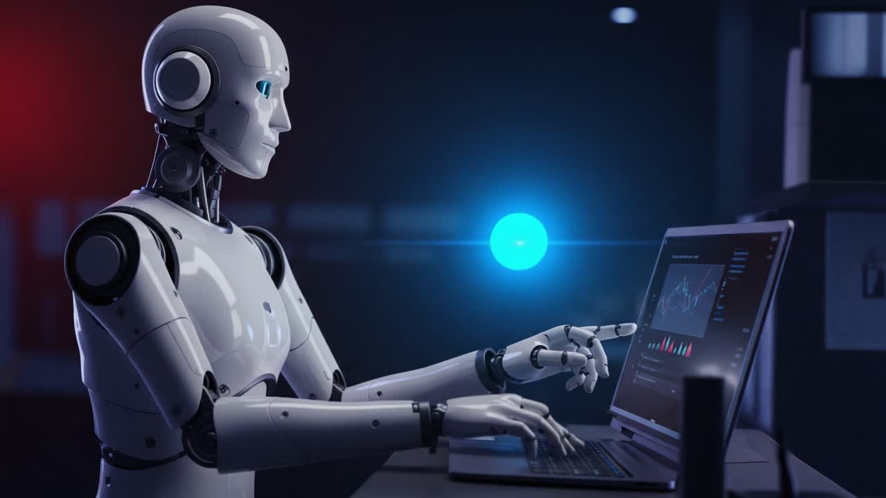 Un robot futuristico che analizza dati su un laptop, visualizzando informazioni tramite rappresentazioni grafiche in un ambiente buio e ad alta tecnologia.