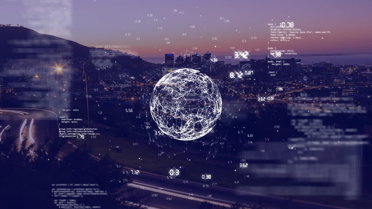 Glowing globe with data points and coding animation over cityscape at dusk