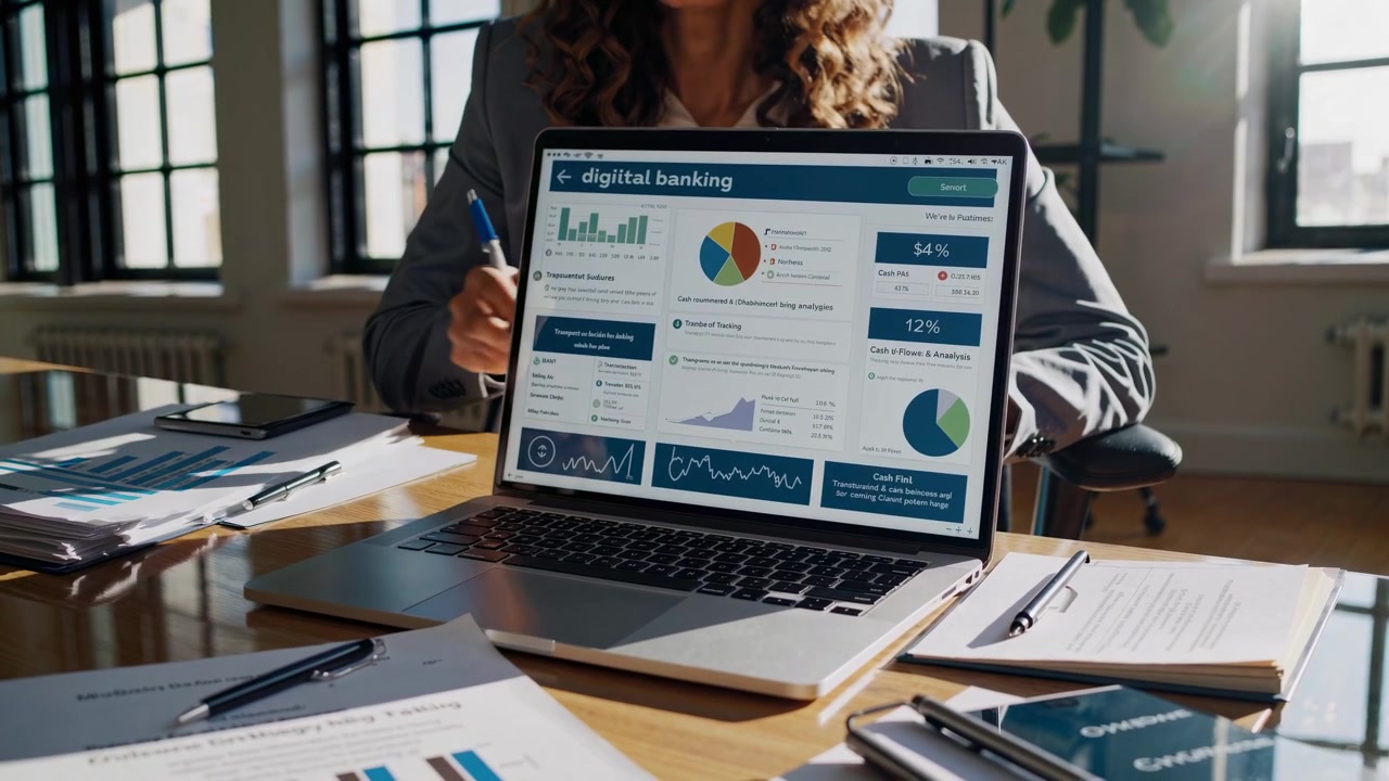 Professionista aziendale che analizza dati di digital banking su laptop in ufficio