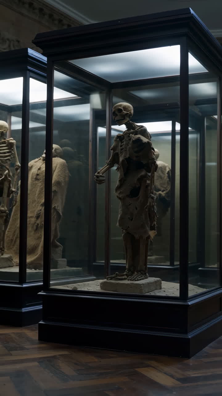 Skeletons and Mummies in Museum Display Cases