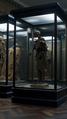skeletons and mummies in museum display cases