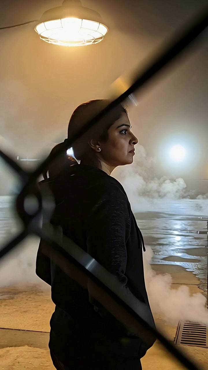 Vertical video: Standing near vent at night, woman in hoodie adjusting hair and watching steam