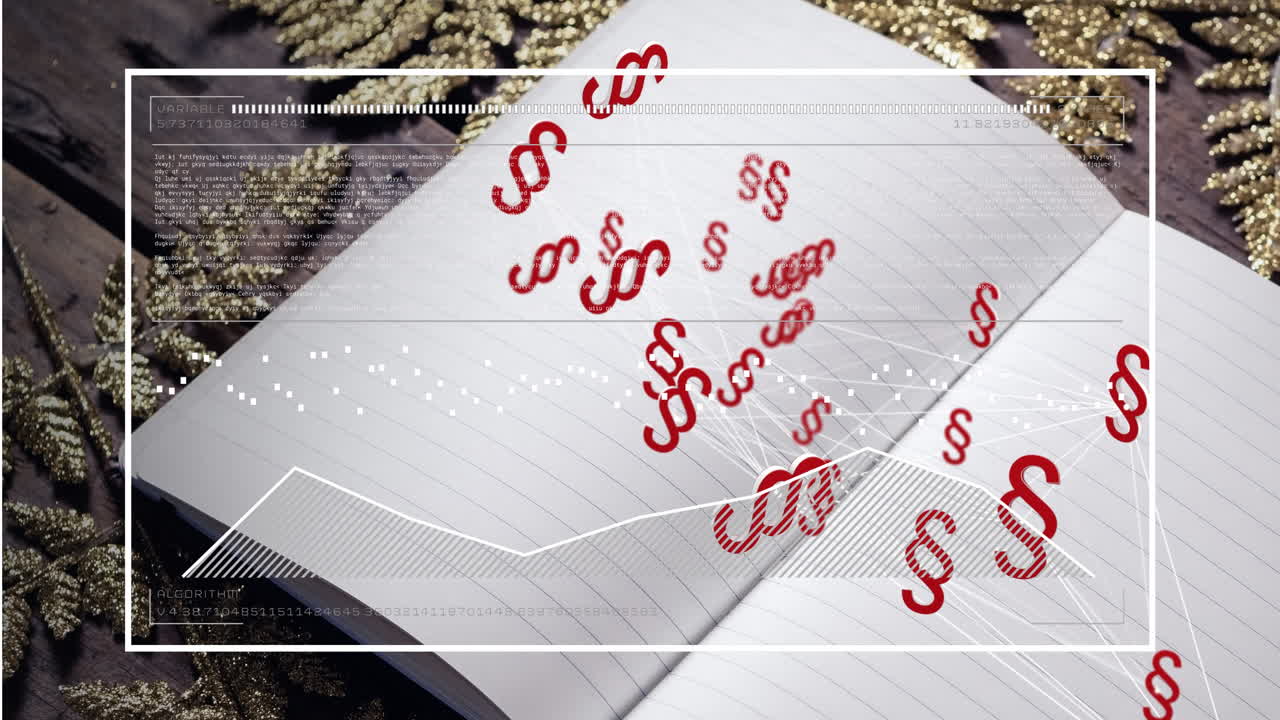 나무 표면에 열린 빈 책과 가지에 대한 통계 데이터 처리의 애니메이션