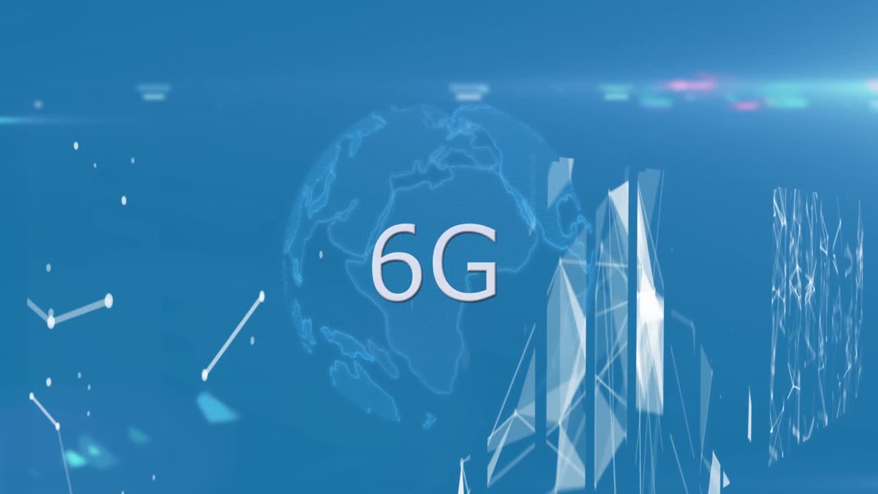 animación de un globo con texto de 6g sobre una red de conexiones sobre fondo azul