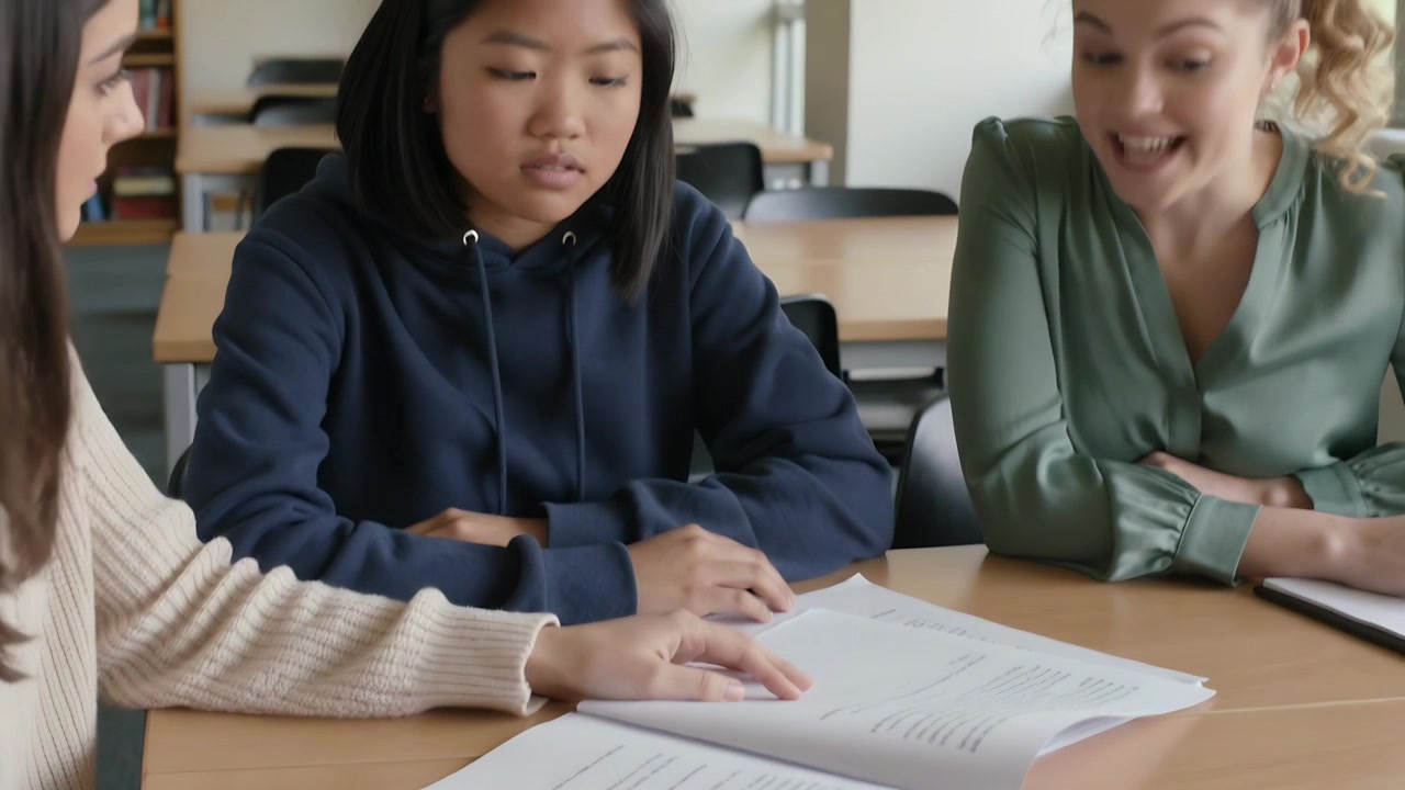 Flipping workbook pages starting study with student in navy hoodie reading aloud at school desk