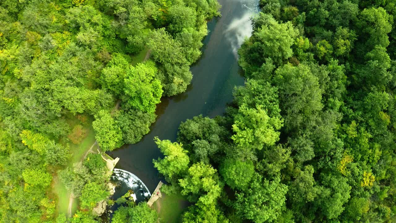 vista aérea de los árboles, los bosques y el río en el parque nacional del distrito de derbyshire peak, cerca de bakewell, comúnmente utilizado por ciclistas, excursionistas, popular entre turistas y turistas.