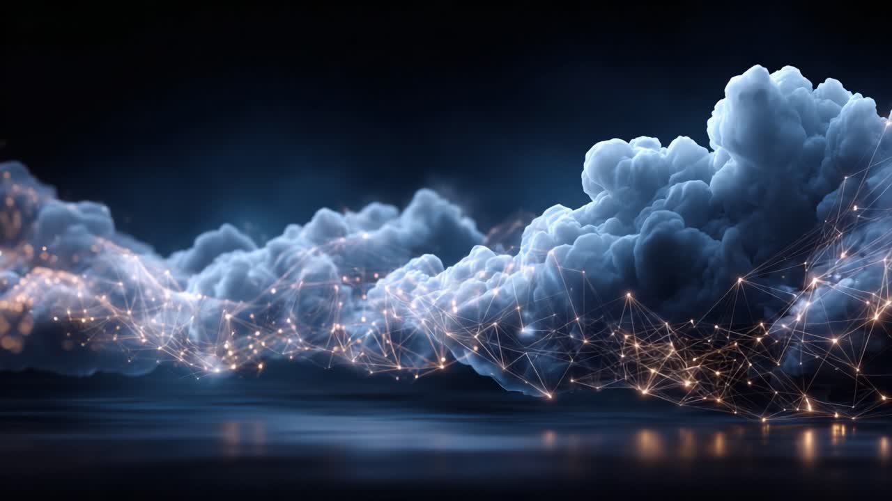 A Stunning Visualization of Abstract Clouds Intertwined with a Digital Network of Light, Creating a Mesmerizing Atmosphere of Innovation and Imagination