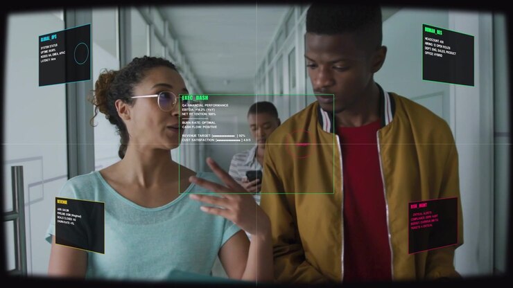 Woman tapping tablet, activating EXEC DASH HUD tracking movement for business review, man nodding
