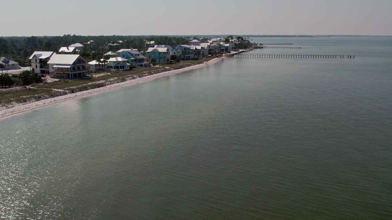 Aerial flight along a Florida beach showing the beach front homes