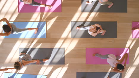 top view, yoga and women in zen fitness