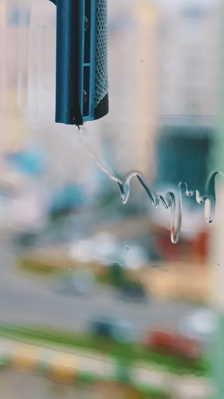 Man's hand with special brush cleaning window. Worker is washing dirty window glass with a liquid and wiping it in a flat of multi-storey building. Vertical video