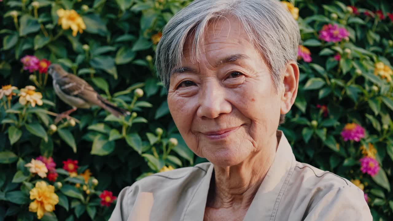 Elderly woman smiling in a garden, captured in a close-up angle. The vibrant flowers and bird add