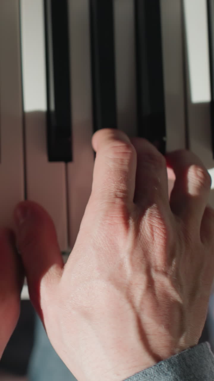 toma de primer plano capturando manos hábilmente tocando un piano, haciendo hincapié en el movimiento preciso y la interacción con las teclas blancas y negras