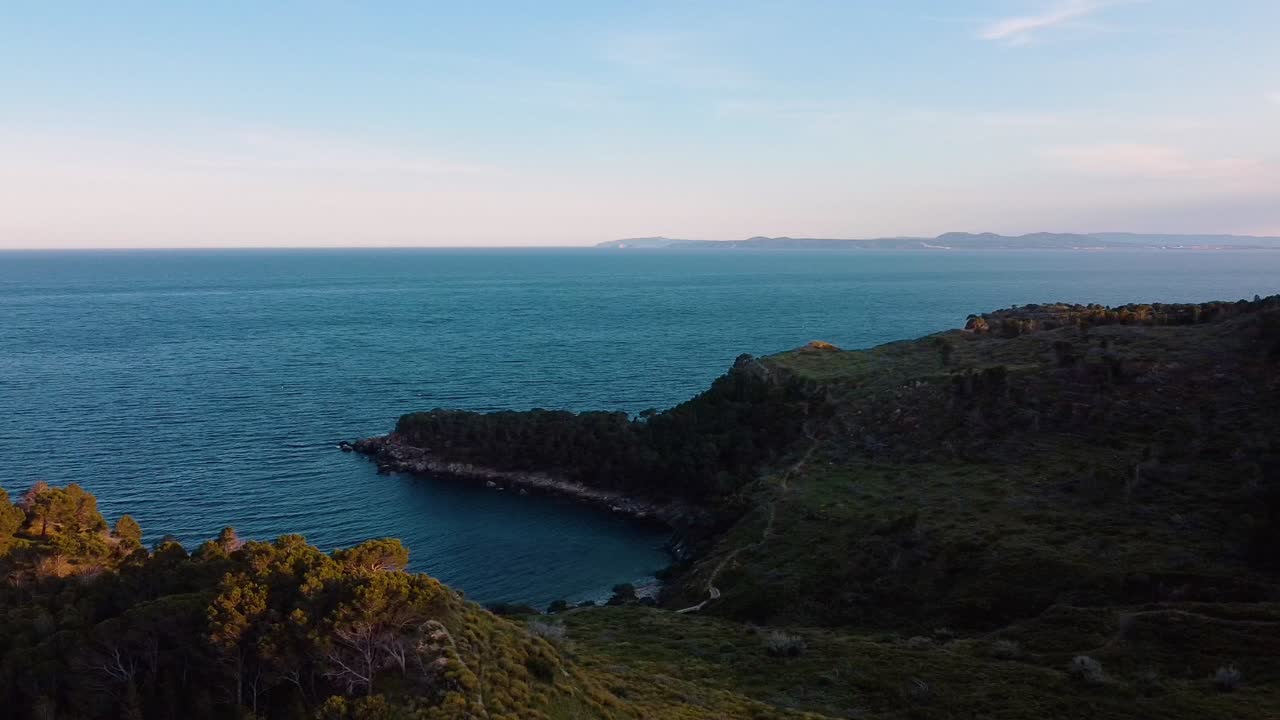 A stunning aerial view of a drone flying over lush trees with a beautiful bay in the background at sunset, bathed in the golden light of the setting sun