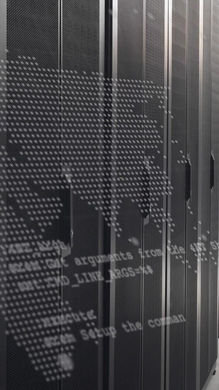 Animation of data processing over world map against computer server room