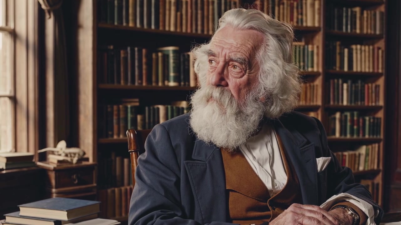 Elderly Man with White Beard Sitting in a Classic Library