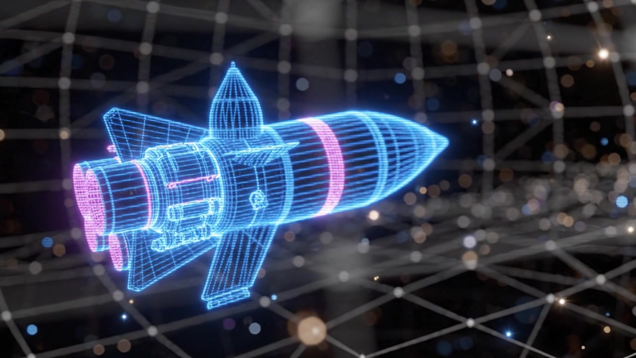Modello di razzo futuristico in visualizzazione 3D con design olografico e uno sfondo complesso di reti digitali che rappresentano la tecnologia spaziale avanzata.