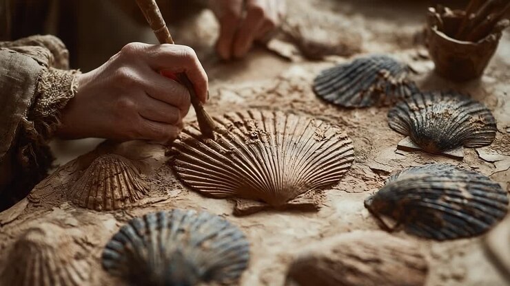Artisan Craftsman Skillfully Shaping Clay Shell Artifacts with Precision Tools in a Serene Workshop, Showcasing Traditional Techniques and Expertise