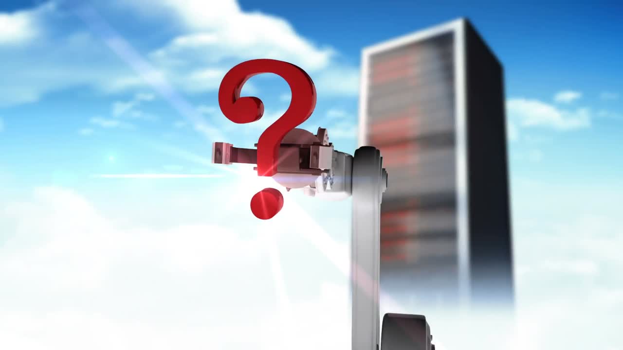 백색 로 ⁇  팔이 빨간색 질문표를  ⁇ 고 있는 디지털로 생성된 비디오 3d 서버 근처