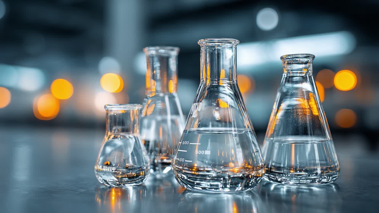 A captivating display of laboratory glassware showcasing various flask shapes filled with clear liquid, highlighting the intricate details and reflections in a vibrant environment