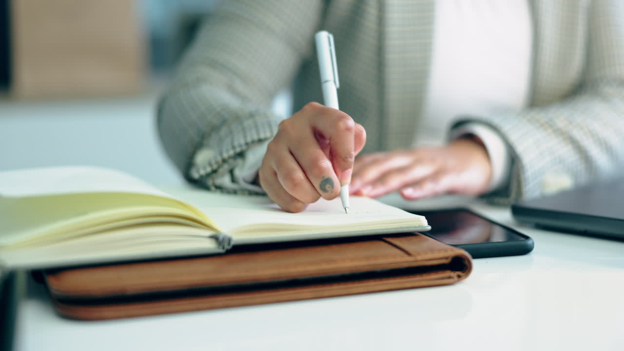 Hands, business and woman writing