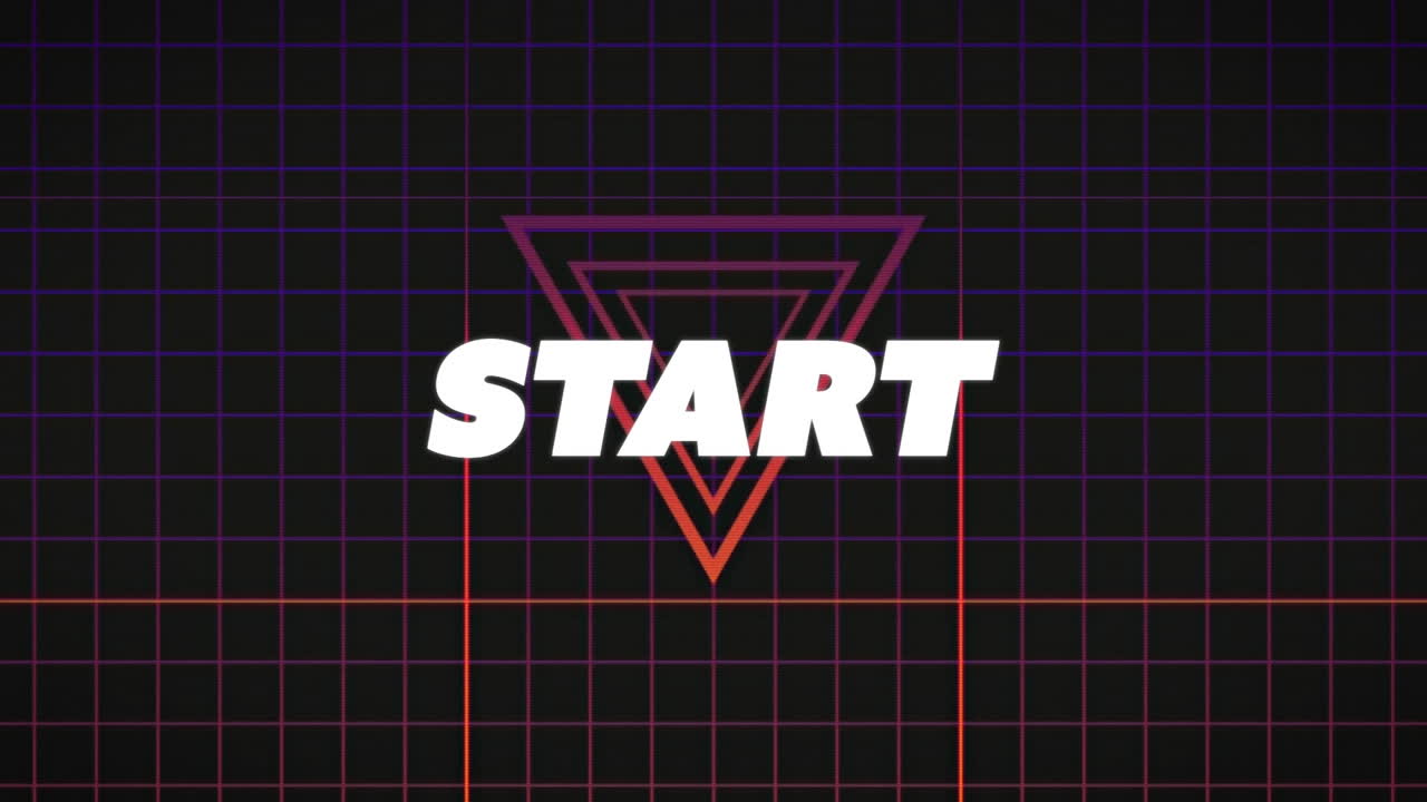 animación digital del texto de inicio contra la red de cuadrícula y la forma de triángulo sobre fondo negro