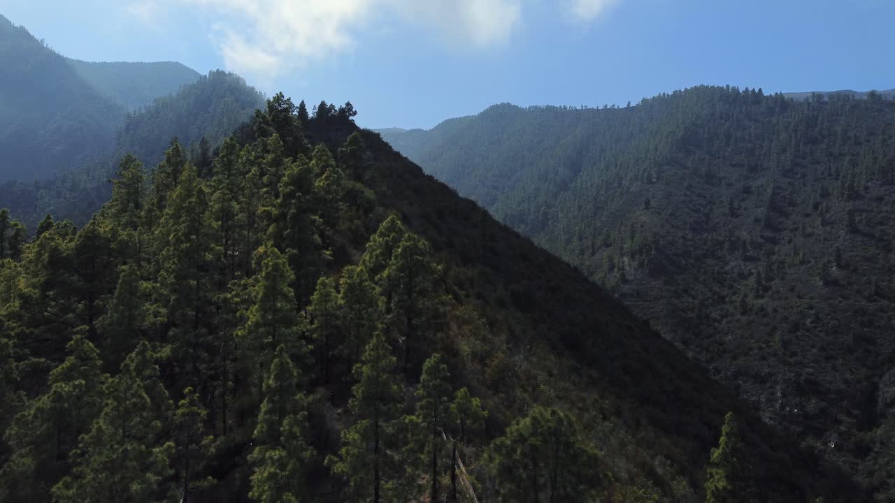 Landscape View Of Green Mountains And Blue Sky With Clouds In Güímar, Tenerife, Spain - aerial drone shot