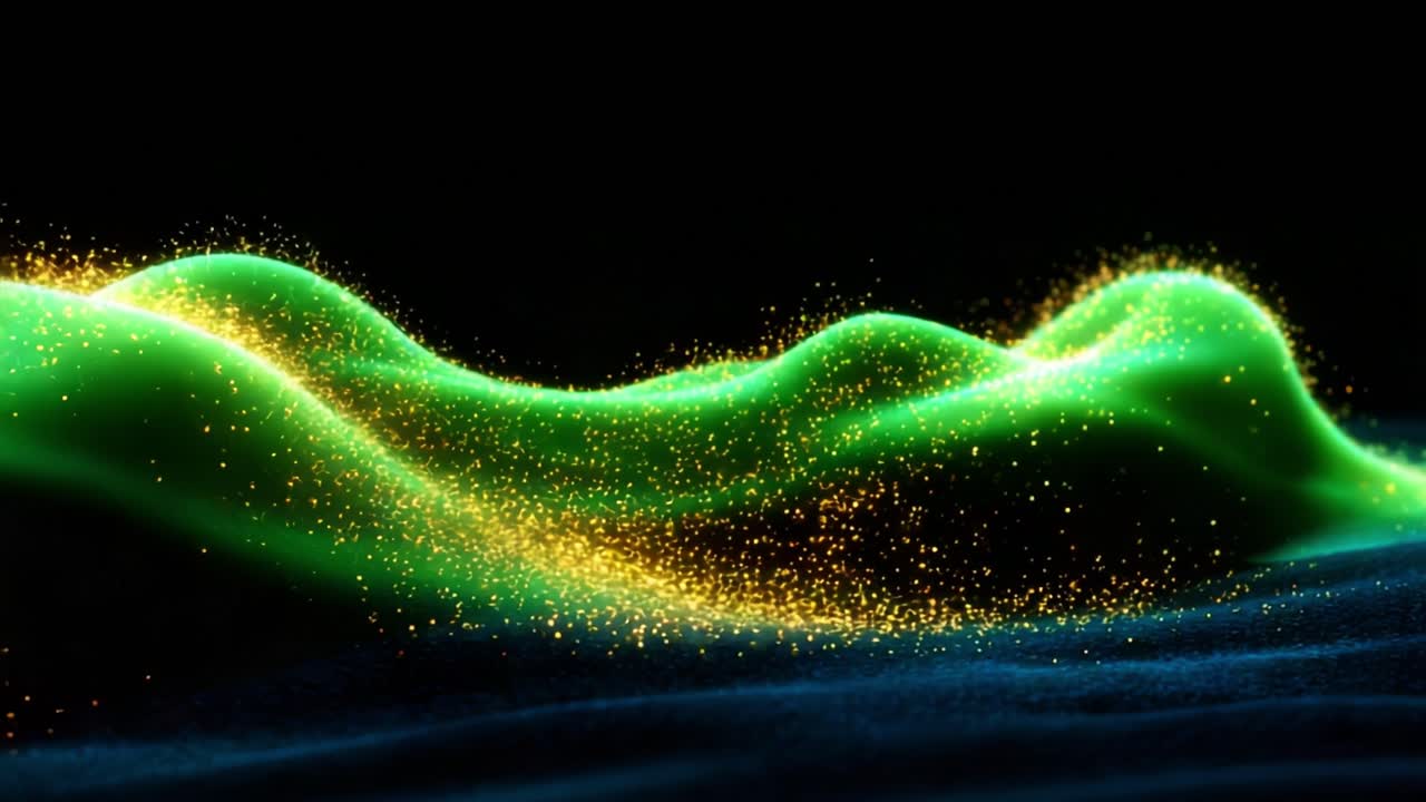 A vibrant display of flowing green and golden particles creates a mesmerizing visual effect that resembles undulating waves, showcasing the beauty of light and movement in a dark environment