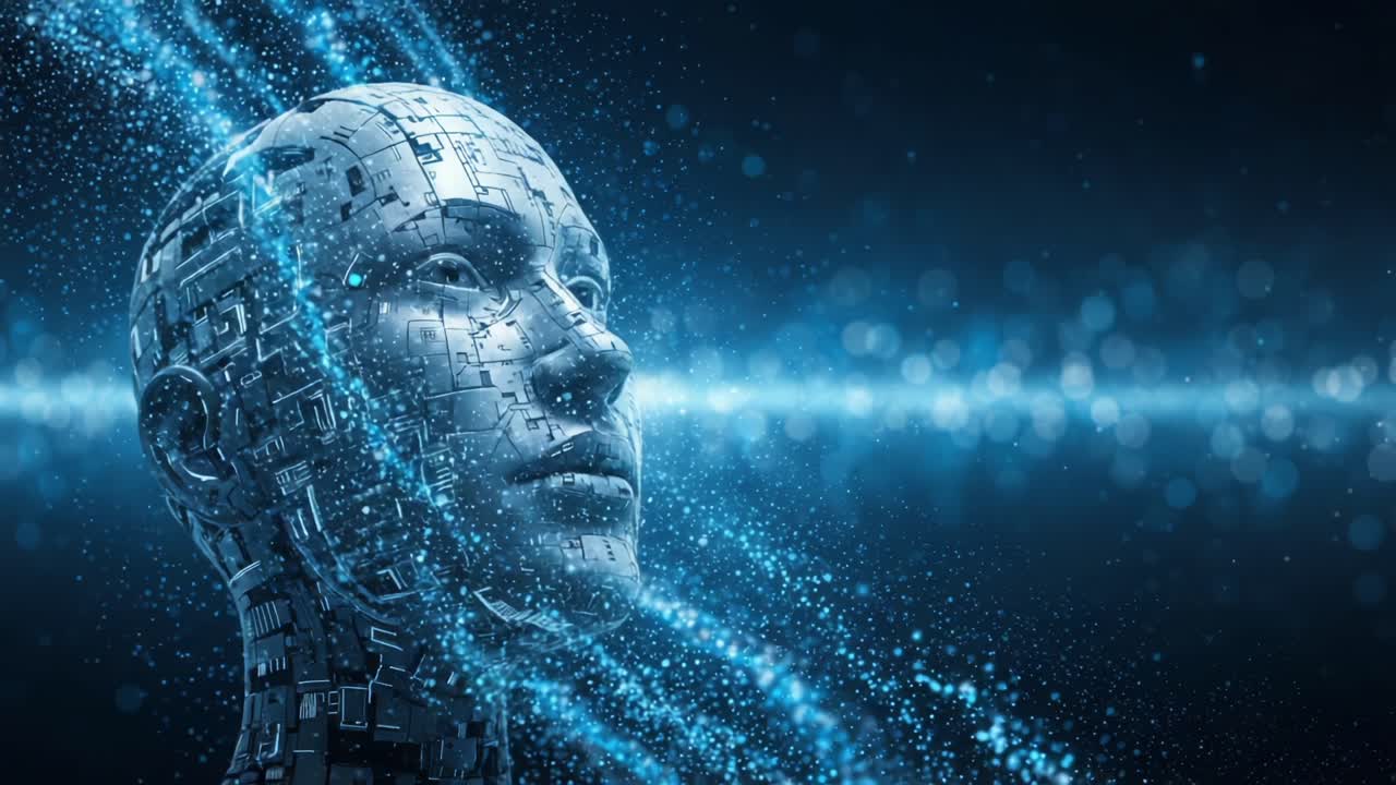 A futuristic representation of an artificial intelligence head, integrating technological elements and glowing particles, showcasing the intersection of technology and human-like features