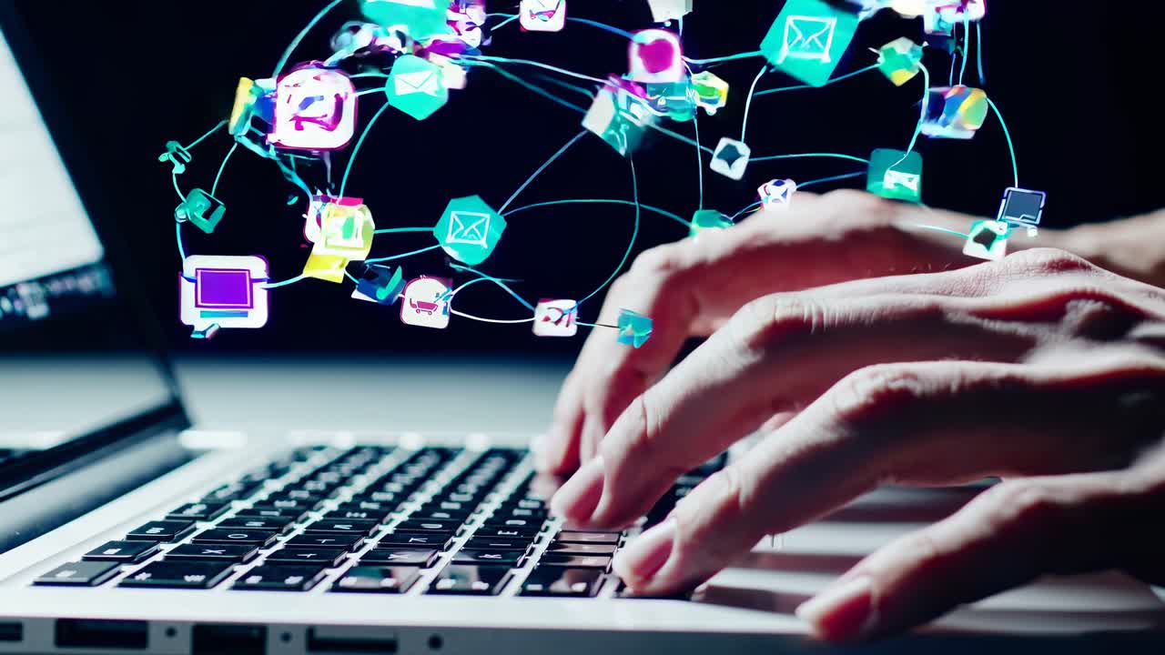 Hands typing on a laptop keyboard with digital icons floating above, representing technology