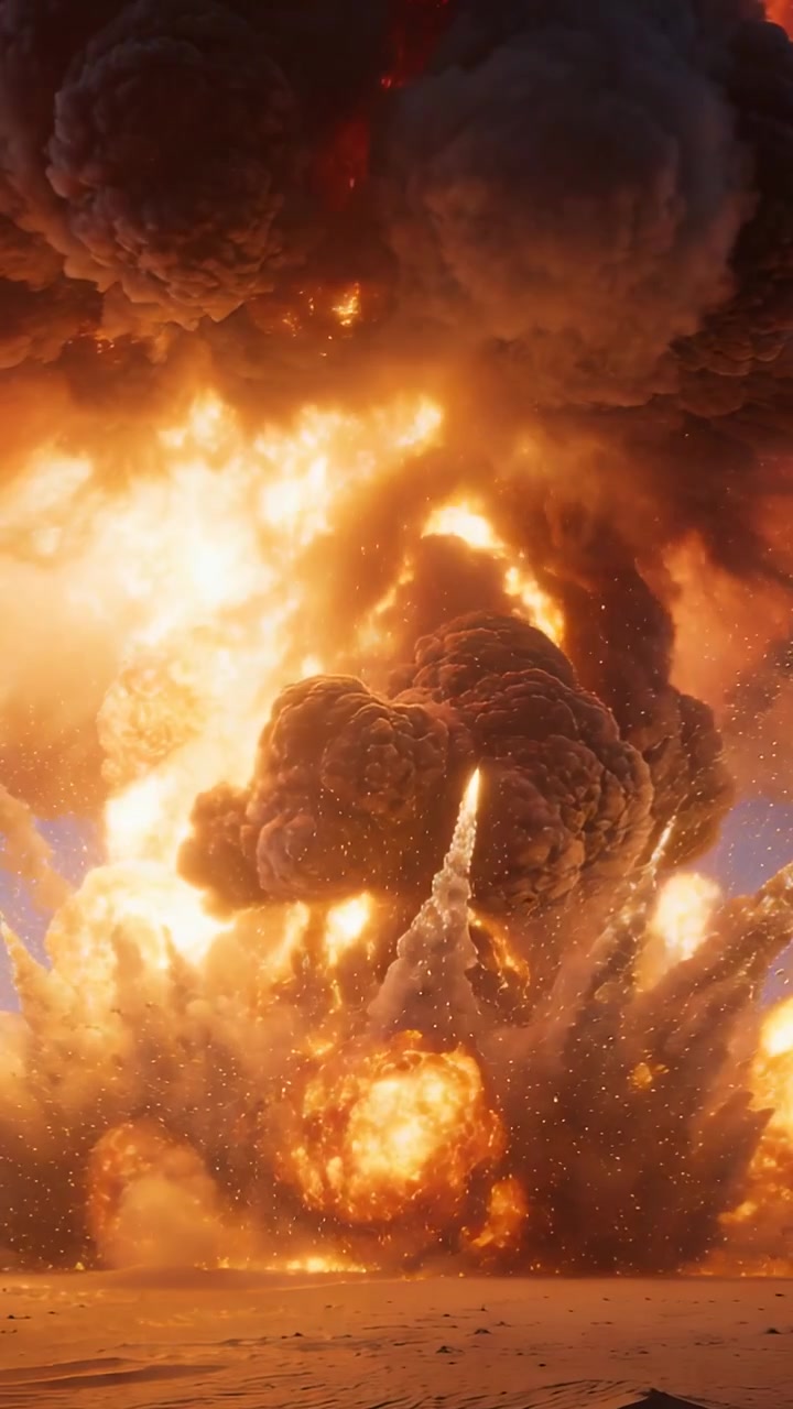 Video verticale: Esplosione a terra che si accende, inviando un pennacchio a fungo che si alza su una pianura sabbiosa con una palla di fuoco.