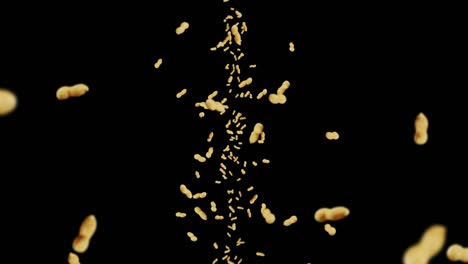 flying many peanuts on black background. raw peanuts. groundnuts in shells. healthy organic food. 3d loop animation of seed rotating.