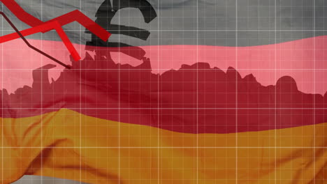 euro currency symbol and downward arrow animation over german flag background