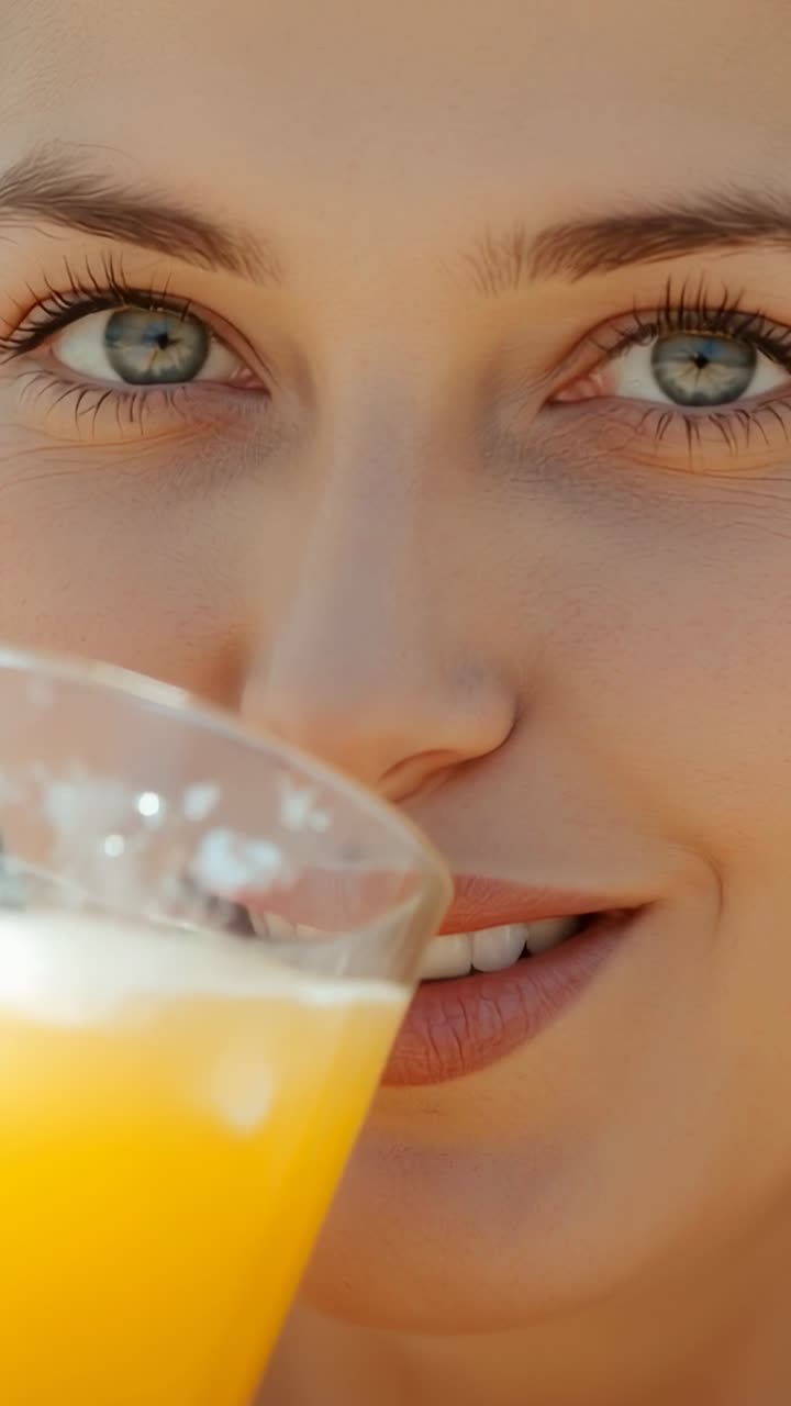 Vertical video: Sunlight catching woman lifting orange juice glass outside and sipping, refreshing