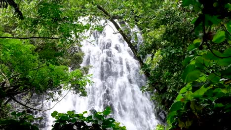 A-glimpse-of-stunning-Kepirohi-Waterfall-through-the-forest-trees-on-the-tropical-island-in-Pohnpei,-Federated-States-of-Micronesia-FSM