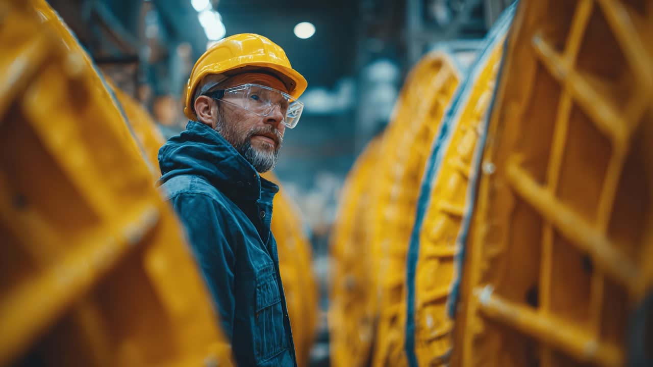 A Focused Worker in a Manufacturing Environment, Surrounded by Yellow Industrial Equipment, Showcasing Safety Gear and Attention to Detail in a Dynamic Setting