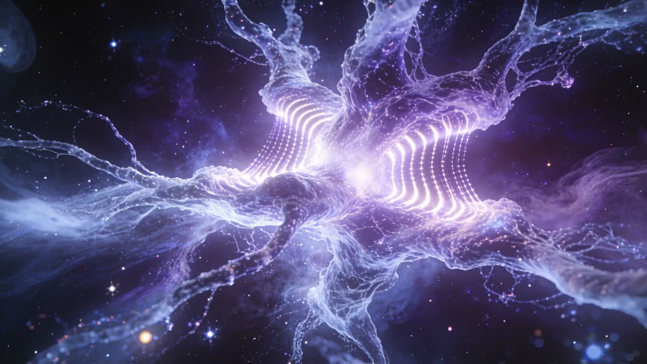 Nucleo che si illumina e stimola una nebulosa luminosa che pulsa verso l'esterno in un campo stellare, formando filamenti a nastro.