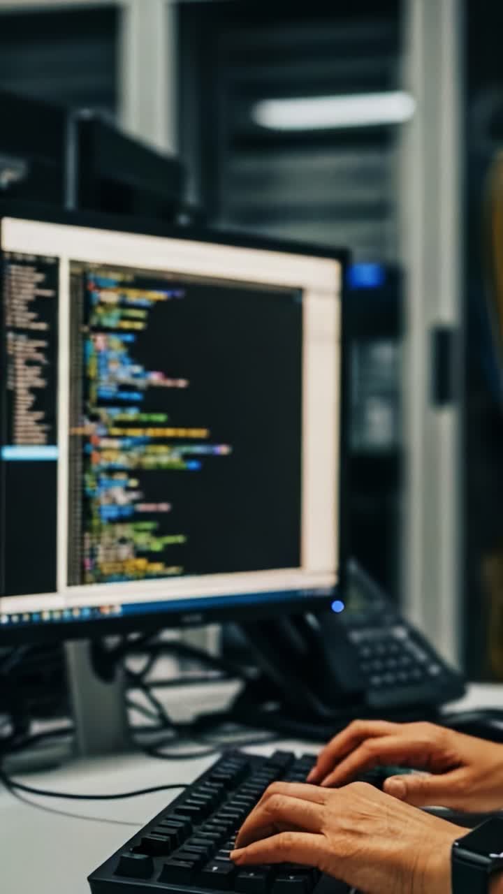 A Close-Up of a Programmer's Hands Typing Code on a Computer Screen in a Modern Workspace with Colorful Programming Syntax Highlighting