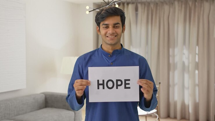 Happy Indian boy holding HOPE banner