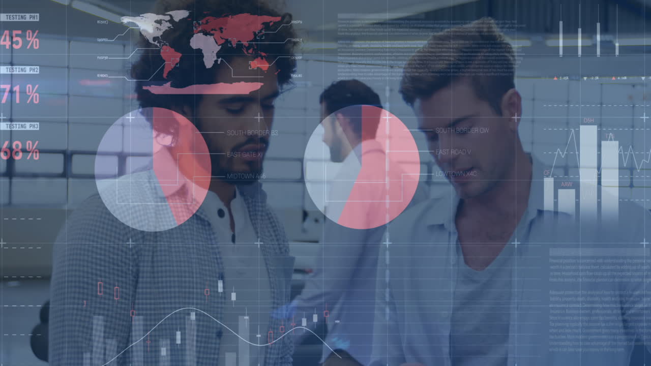 Animation of financial data processing over business people