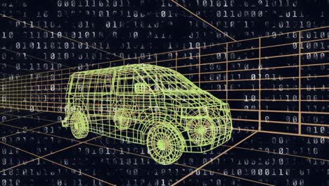 Animation of scope pulsing, binary coding data processing with 3d van drawing